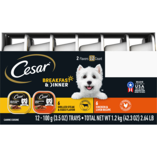 Cesar Dog Food, Grilled Steak & Eggs Flavor/Chicken & Liver Recipe, Breakfast & Dinner