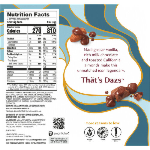 Haagen-Dazs Häagen-Dazs Vanilla Milk Chocolate Almond Ice Cream Snack Bars, 3 Count