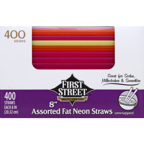 First Street Straws, Assorted, Fat, Neon, Unwrapped