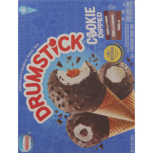 Drumstick Frozen Dairy Dessert Cones, Vanilla Fudge/Vanilla Caramel/Vanilla, Cookie Dipped