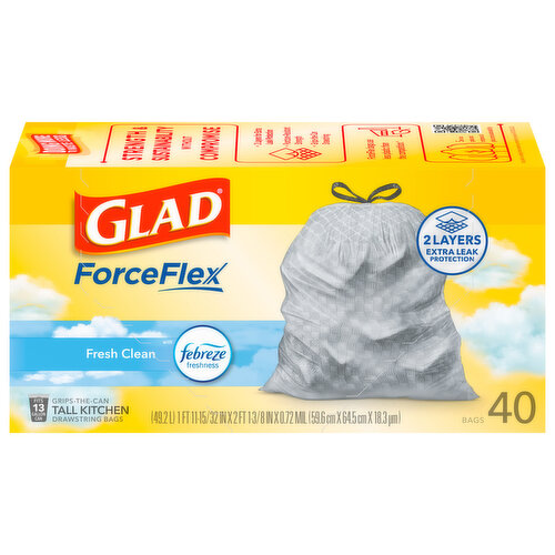 Glad Bags, Drawstring, Kitchen, Fresh Clean with Febreze Freshness, 13 Gallon, Tall