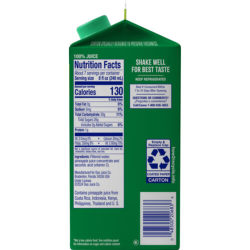 Dole 100% Juice, No Sugar Added, Pineapple