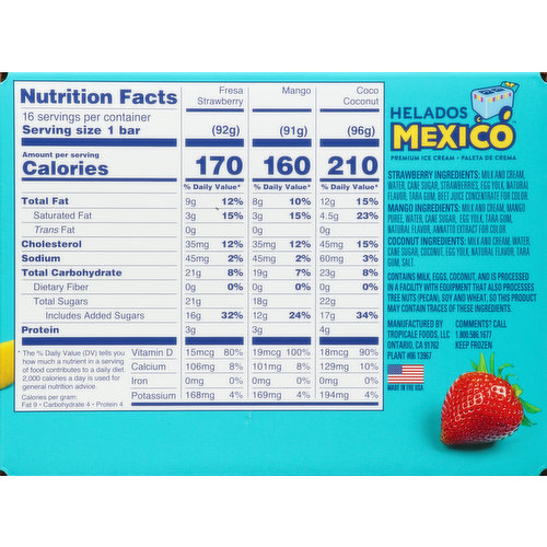 Helados Mexico Ice Cream Bars, Premium, Strawberry/Mango/Coconut