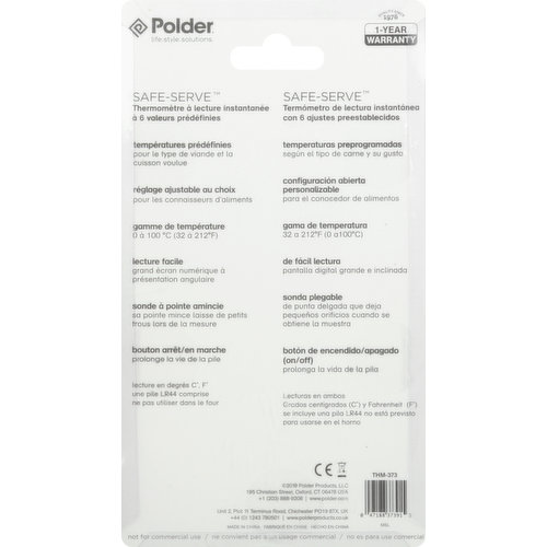 Polder Thermometer, with 6 Presets, Instant Read, Safe-Serve