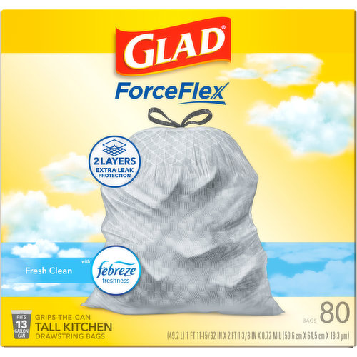 Glad Tall Kitchen Bags, Drawstring, Fresh Clean, 13 Gallon