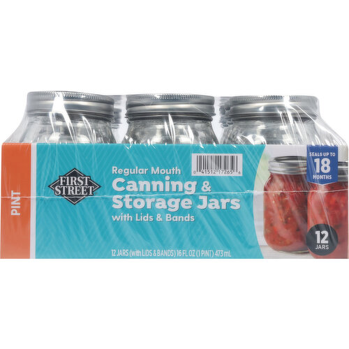 First Street Canning & Storage Jars, with Lids & Bands, Pint, Regular Mouth