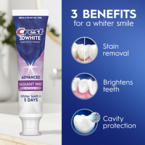 Crest 3D White Advanced Toothpaste, Radiant Mint, Pack of 2