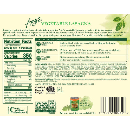 Amy's Lasagna, Vegetable