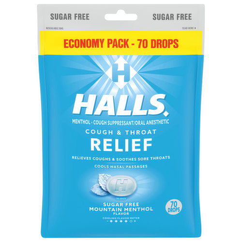 Halls Cough & Throat Drops, Sugar Free, Mountain Menthol Flavor, Economy Pack