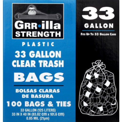 Grrilla Strength Trash Bags, Plastic, Clear, 33 Gallon