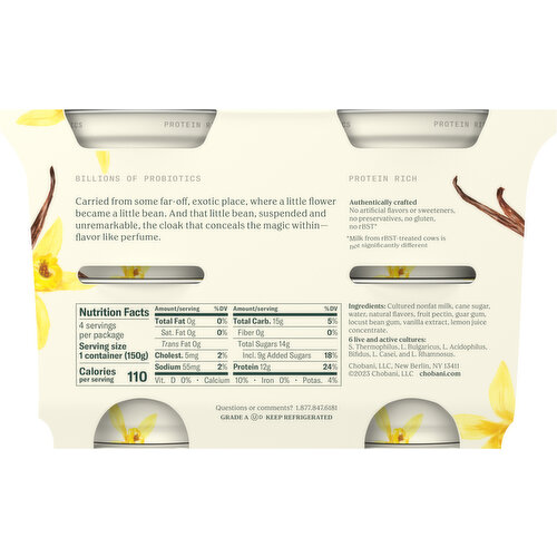 Chobani Yogurt, Greek, Nonfat, Vanilla, Value 4 Pack
