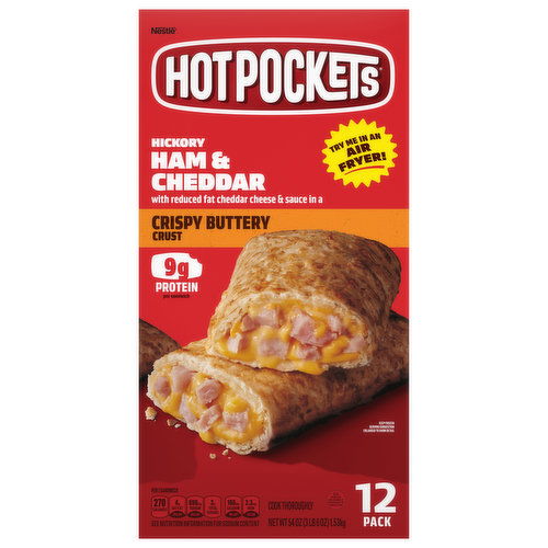 Hot Pockets Sandwiches, Hickory Ham & Cheddar, Cripsy Buttery Crust, 12 Pack