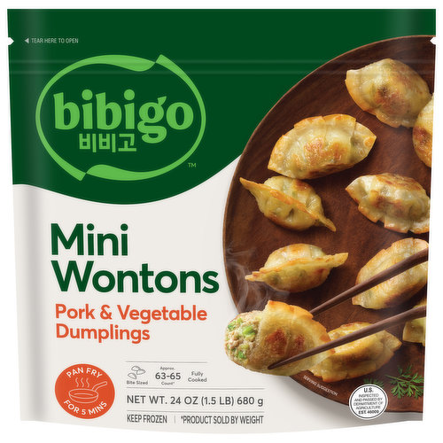 Bibigo Wontons, Pork & Vegetable, Dumplings, Mini, Korean Style