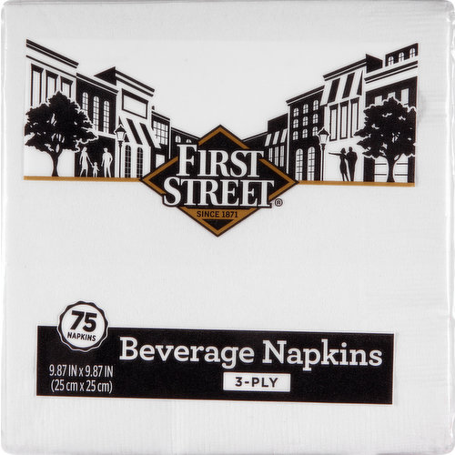 First Street Napkins, Beverage, White, 3-Ply