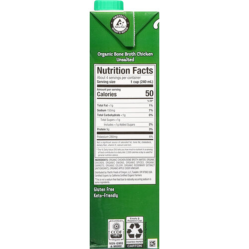 Pacific Foods Bone Broth, Organic, Unsalted Chicken