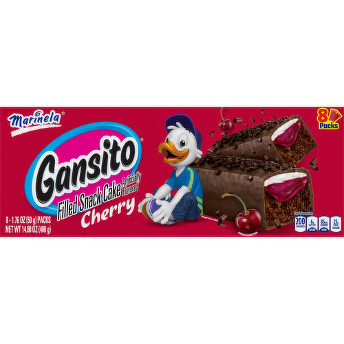 Marinela Are you in the mood for something delicious? Gansito snack cakes will satisfy your craving. Enjoy the delectable taste of a delicious snack cake layered with artificially flavored chocolate with 
crème and cherry artificially flavored filling.