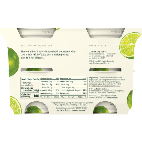 Chobani Yogurt, Greek, Reduced Fat, Key Lime, Blended, Value 4 Pack