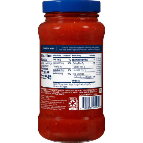 Barilla Pasta Sauce Tomato & Basil - No Added Sugar - No Artificial Colors, Flavors or Preservatives - Non-GMO, Gluten Free, Kosher