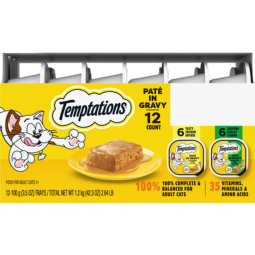 Temptations Food for Cats, Tasty Chicken Entree/Seafood Medley Flavor, Pate in Gravy