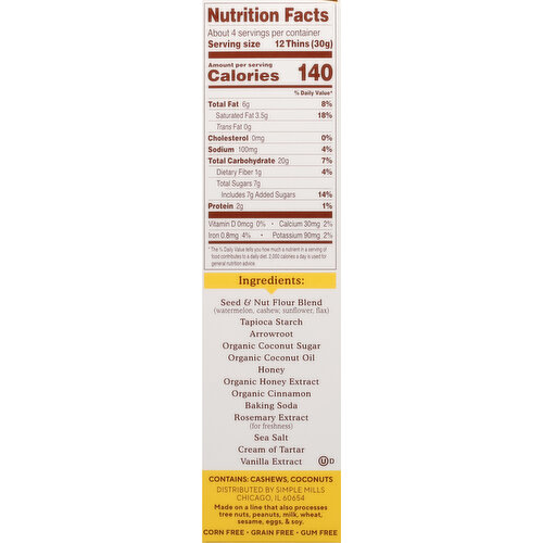 Simple Mills Sweet Thins, Seed & Nut Flour, Honey Cinnamon