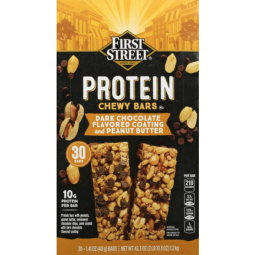 First Street Protein Bar, Dark Chocolate Flavored Coating and Peanut Butter, Chewy
