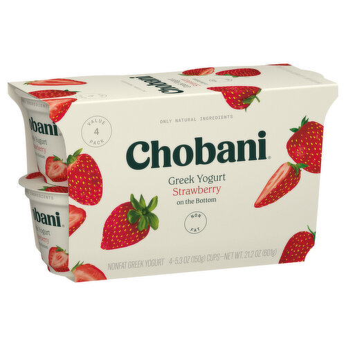 Chobani Yogurt, Greek, Nonfat, Strawberry on the Bottom, Value 4 Pack