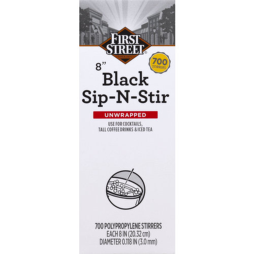 First Street Stirrers, Sip-N-Stir, Black, Unwrapped, 8 Inches