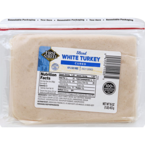 First Street Turkey, White, Sliced, Cured