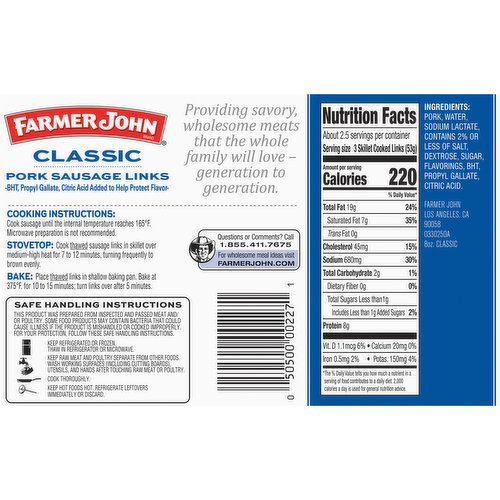 Farmer John Pork Sausage Links, Classic