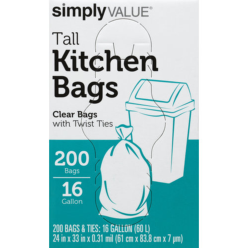 Simply Value Tall Kitchen Bags, Twist Ties, 16 Gallon