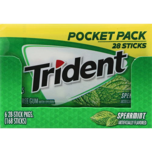 Trident Gum, Sugar Free, Spearmint, Pocket Pack