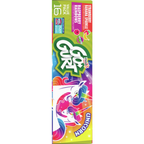 Go-Gurt Yogurt, Fat Free, Raspberry Rainbows/Strawberry Banana Sparkle, Unicorn, Value Pack
