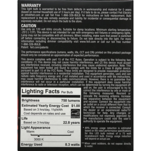 Feit Electric Light Bulb, LED, Bright White, 7.2 Watts