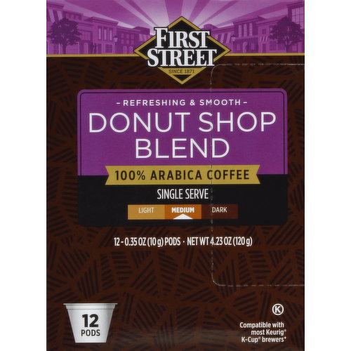 First Street Coffee, 100% Arabica, Medium Roast, Donut Shop Blend, Pods