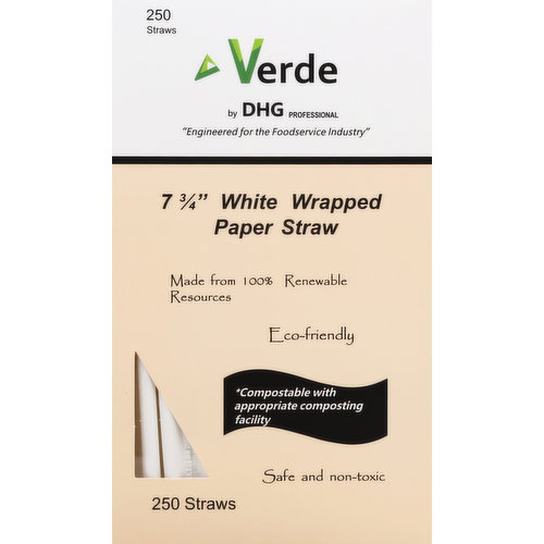 Verde Paper Straw, White, Wrapped, 7-3/4 Inch