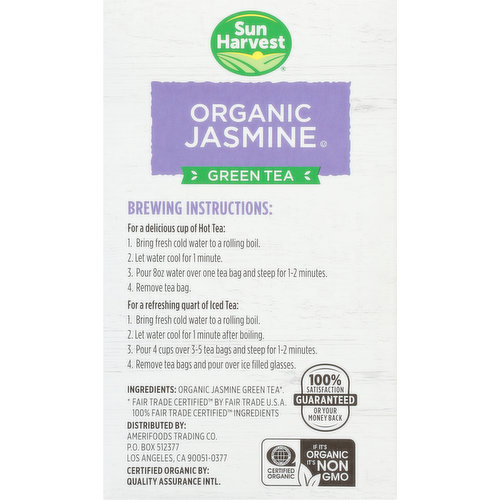 Sun Harvest Green Tea, Organic, Jasmine, Tea Bags