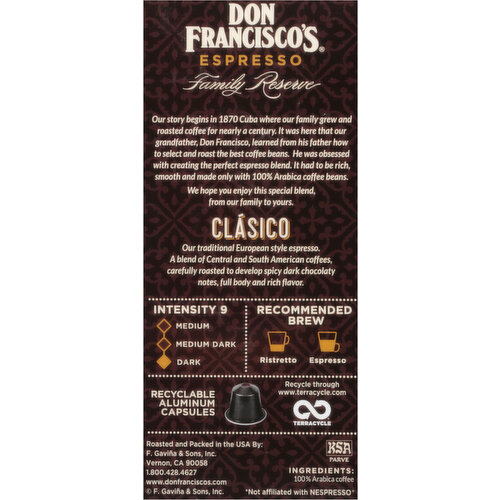 Don Francisco's Coffee, 100% Arabica, Espresso, Intensity 9, Clasico, Capsules