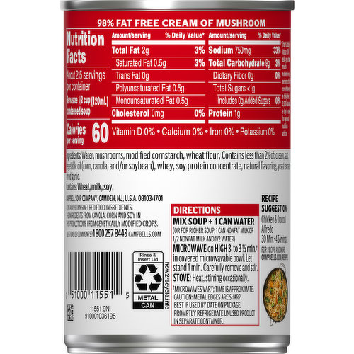 Campbell's Condensed Soup, 98% Fat Free, Cream of Mushroom