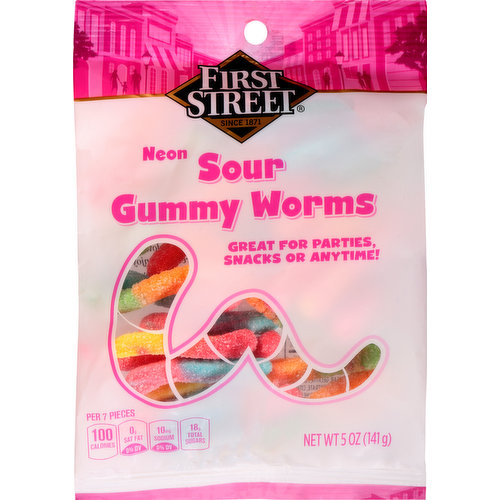First Street Gummy Worms, Sour, Neon