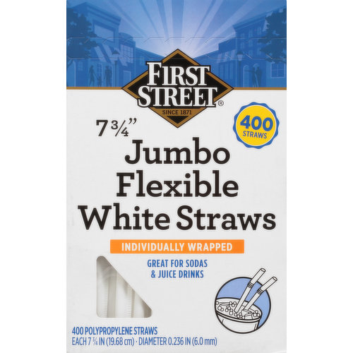 First Street Straws, White, Jumbo, Flexible, 7.75 Inch