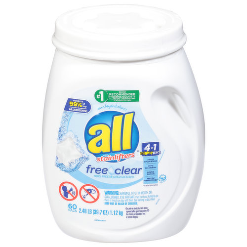 All Detergent, Free Clear, 4 in 1, Mighty Pacs