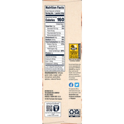 Quaker Instant Oatmeal, Cinnamon & Spice