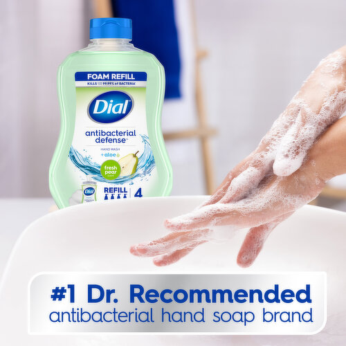 Dial Dial Antibacterial Defense Foaming Hand Soap Refill, Kills 99.99% of Bacteria* & Leaves Skin Feeling Soft, #1 Dr Recommended Brand**, Vegan Formula, With Aloe, Fresh Pear Scent, 30 Fl Oz (Pack of 4)