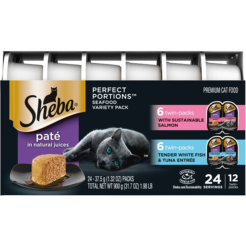 Sheba Cat Food, Pate in Natural Juices, with Sustainable Salmon/Tender White Fish & Tuna Entree, Seafood Variety Pack