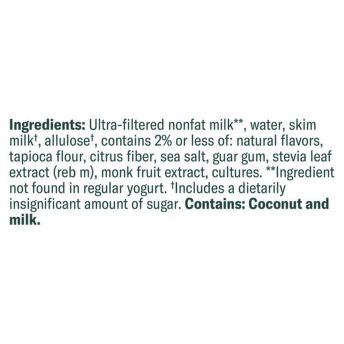 Chobani Yogurt, Greek, Nonfat, Zero Sugar, Toasted Coconut Vanilla Flavored
