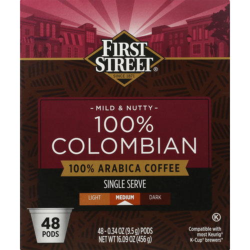 First Street Coffee, 100% Arabica, Medium, 100% Colombian, Single Serve, Pods