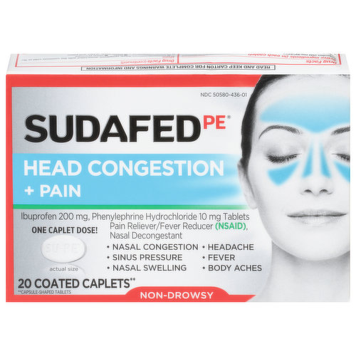 Sudafed PE Head Congestion + Pain, 200 mg, Coated Caplets