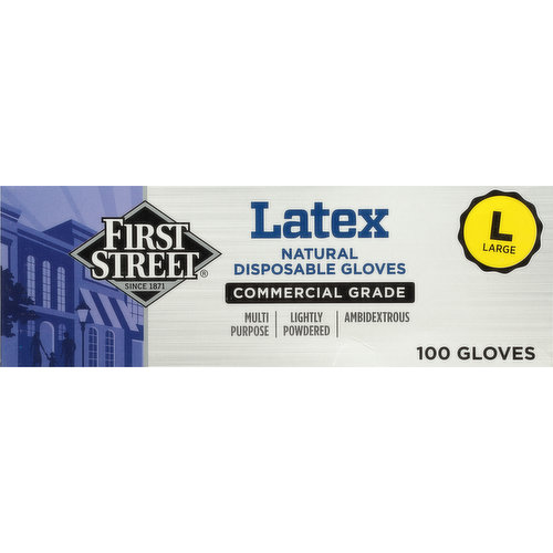First Street Disposable Gloves, Natural, Latex, Large