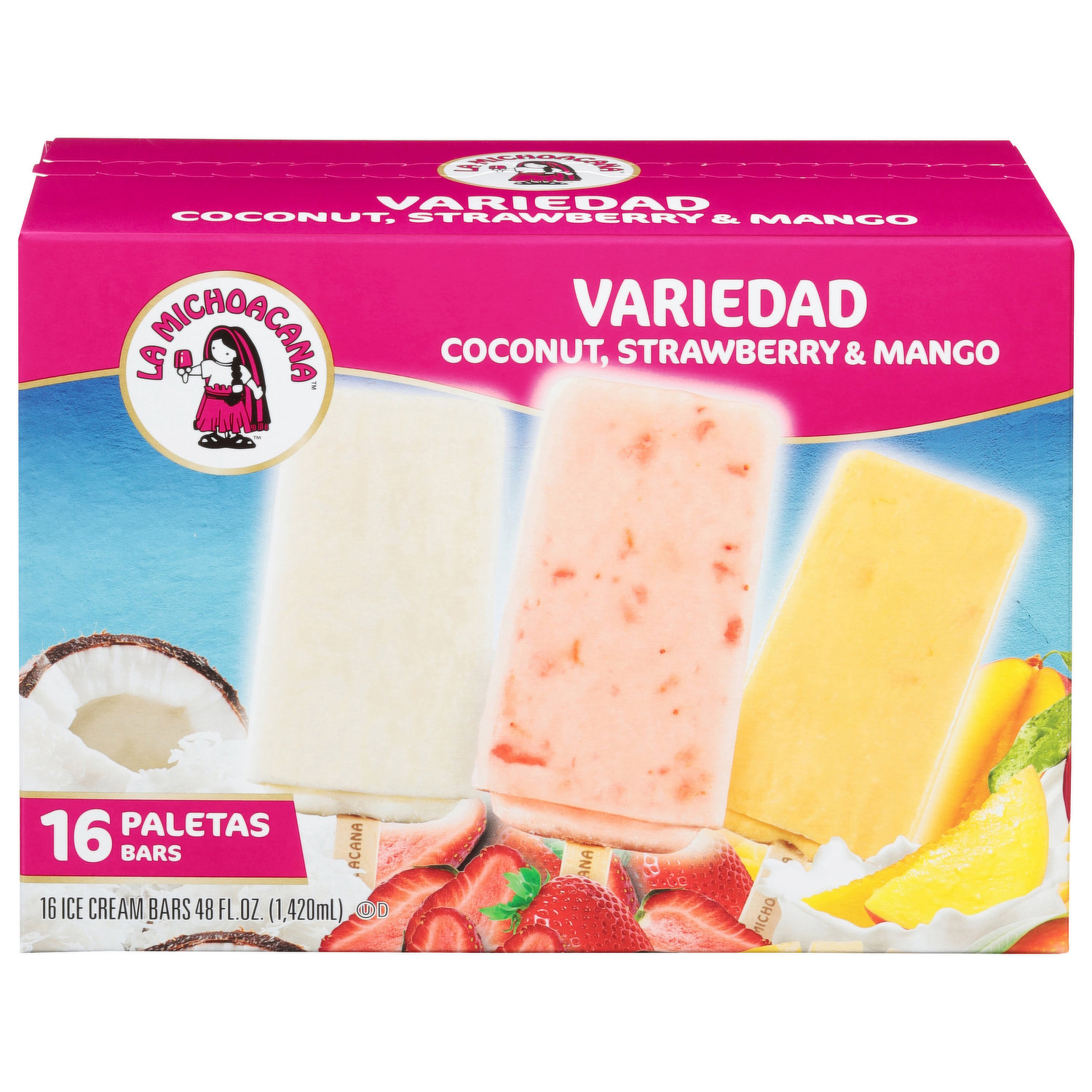 La Michoacana Ice Cream Bars, Coconut, Strawberry & Mango - Smart 