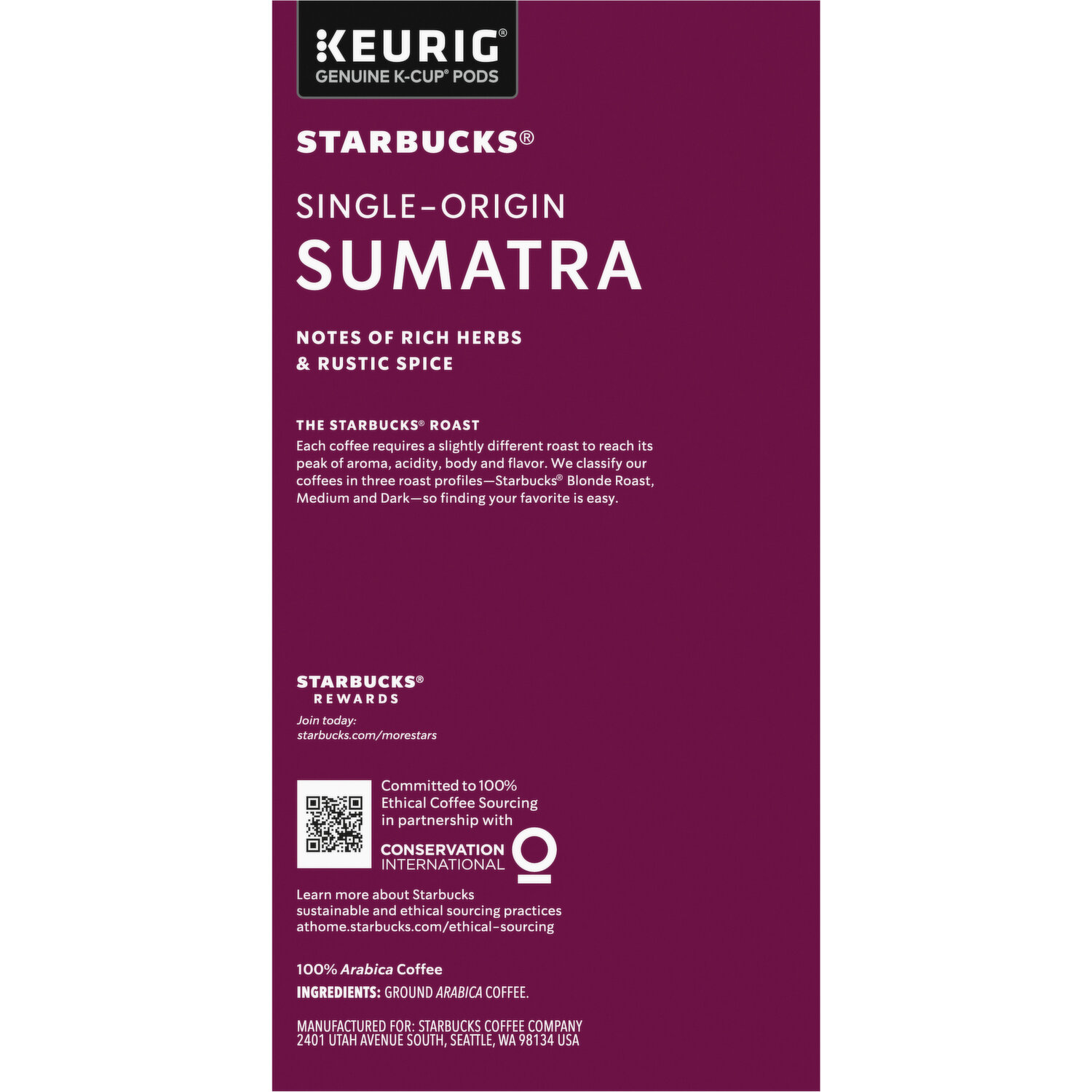 Starbucks Coffee Single Origin Sumatra Dark Roast K-Cup, 72-count